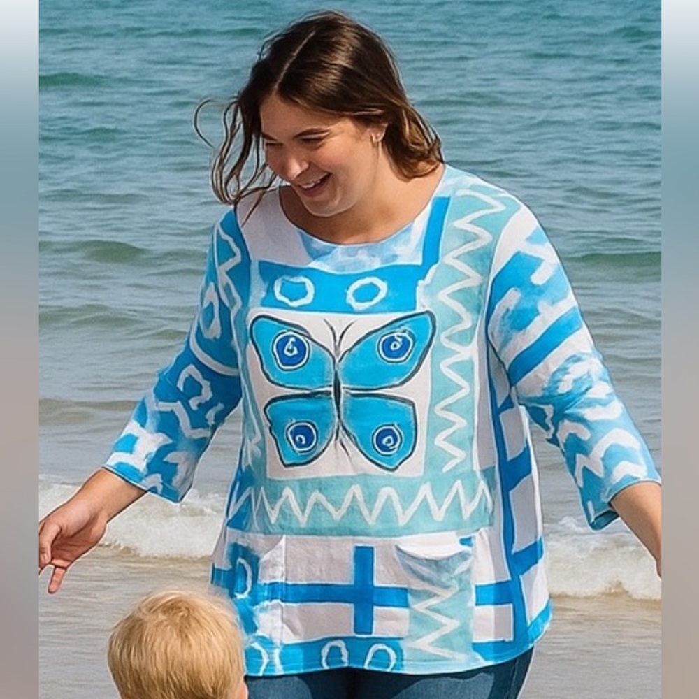 vintage Hand painted butterfly shirt Blue and White Butterfly Top